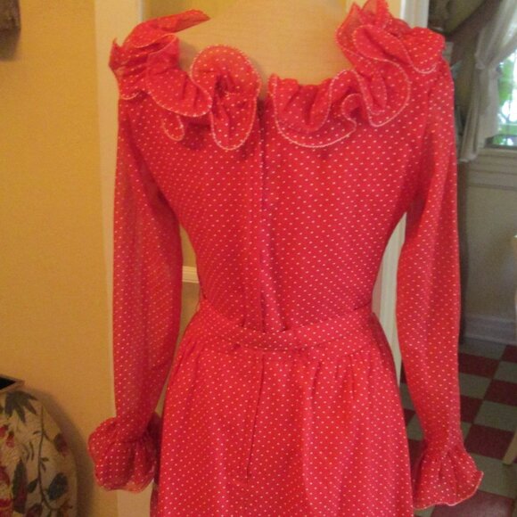 70s Red White Swiss Dot Maxi Dress Cottagecore SO CUTE - Picture 6 of 10